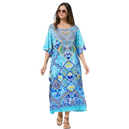 Image of Miss Lavish London Kaftan for Women Dress V Neck Summer Swimsuit Cover Up Blue Caftan Maxi Beach Dress, Plus Size African Kaftan with Batwing Sleeves, Side Slit & Pockets on Both Sides-Blue-M