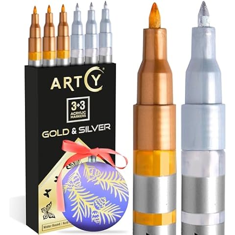 ARTCY Acrylic Paint Pens - 3 Gold and 3 Silver Acrylic Paint Markers Extra Fine Tip (0.7mm) | Great for Rock Painting, Canvas, Glass, Porcelain, Fabric, Paper, Pottery and Plastic… Cover