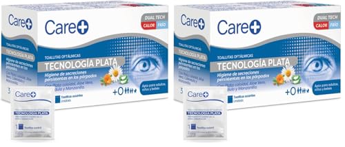 Care+, Toallitas Oftálmicas Tecnología Plata, Higiene Integral de Párpados y Pestañas, Con Aloe Vera y Manzanilla, Para Blefaritis e Irritaciones, 30 uds (Paquete de 2)