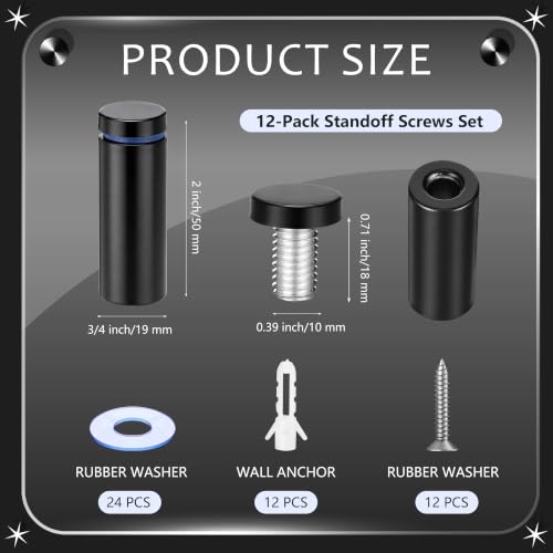 Image of Pelopy 12 Pcs Sign Standoff Screws Advertising Screws Stainless Steel Wall Standoff Mounts Glass Acrylic Nail (3 /4 x 2 Inch,Black)