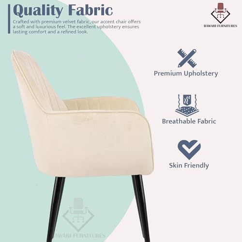 Image of Plush Dining Chair | Accent Chair for Living Room Bedroom Restuarant | Velvet Fabric & Thick Cushion Seat with Sturdy Glossy Metal Legs (Black Legs, White)