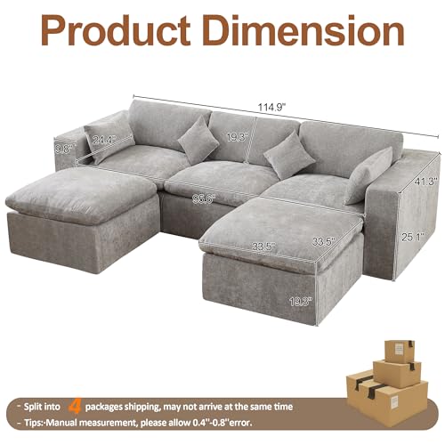 Image of 115'' Cloud Boneless Sectional Couch, Modular Sectional Sofa Deep Seat with 2 Ottomans, Oversized Upholstered Convertible Comfy 5 Seater Chenille Sofa U Shape Couches for Living Room, Light Grey