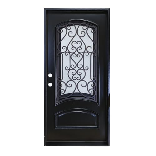 KaMic 36\" x 80\" Environment Damage Resistant Polyurethane Composite Exterior Entry House Front Door, Wrought Iron Door w/Openable Rain Window, Right-Hand Double Door Inward Swing in Espresso