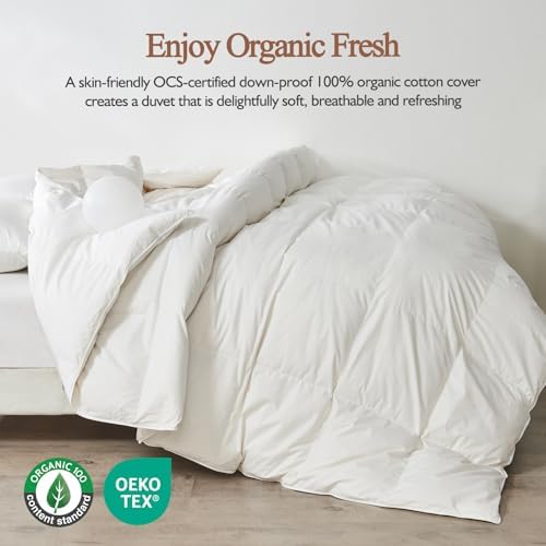 100% Organic Cotton Feather & Down Fibers Comforter King Size, All-Season Hotel-Style Hypoallergenic Duvet Insert, Ivory White 106x90 Inch - Thumbnail 3