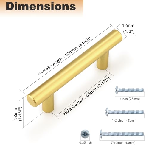 Image of Probrico 5 Pack 2-1 /2 inch Center-to-Center Kitchen Cabinet Pulls T Bar Gold Cabinet Handles Modern Drawer Hardware Dresser Pulls, 4 inch Total Length