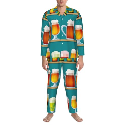 Beer And Beer Mug Bottle Mens Pajamas Set Button Down Sleepwear Set Long Sleeve Loungewear With Pockets