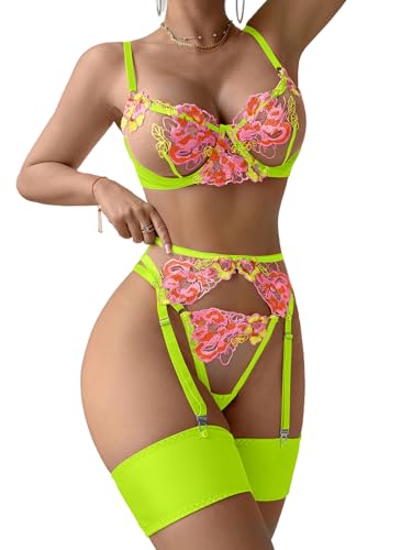 Image of Lilosy Sexy Leaf Floral Embroidered Mesh Sheer Women Underwire Push Up Lingerie Set