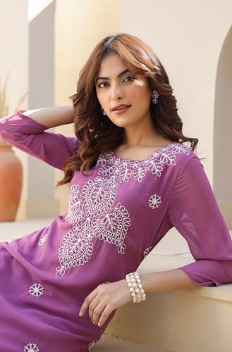 Image of Janasya Women's Georgette Regular Fit Floral Regular Kurta