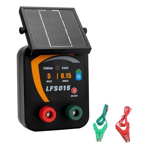 Lydite Solar Electric Fence Charger - 5 Miles Range 20 Acres 0.15 Stored Joules Energizer in Lithium Battery 1.8W Solar Panel Solar Powered Fence Charger for Livestock Cover