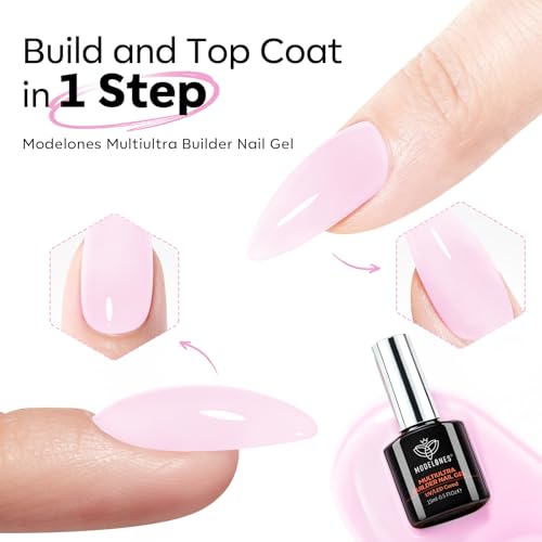 Image of modelones Builder Nail Gel, Baby Pink Builder for Nails No Top Coat Needed, C-Curve Sculpting, Glossy Jelly Finish Light Pastel Pink, No-Wipe, 9-in-One LED Lamp Cured Color Rubber Base Gel Polish