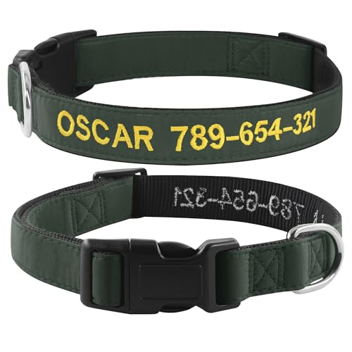 Hundehalsband Personalisiert mit Namen und Telefonnummer Bestickt für XS Kleine Mittlere Große Hunde(Armeegrün)