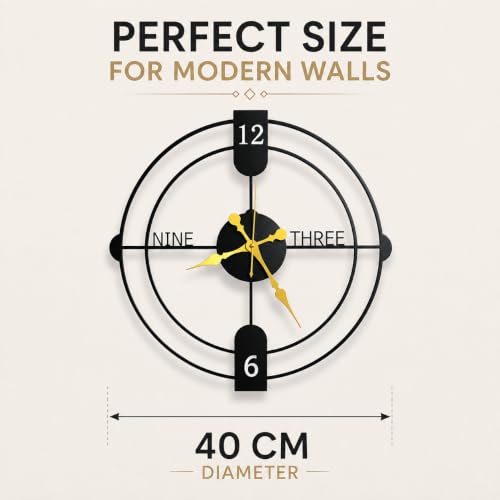Image of 40 cm Metal Wall Clock, Black, Silent Non-Ticking | Silent Non-Ticking, Skeleton, Modern Iron Analog, For Living Room, Bedroom, Hall, Office & Home Decor