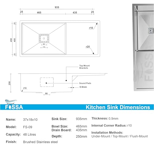 Image of Fossa 37 inchx18 inchx10 inch ๐-๐๐๐๐ ๐๐๐๐๐๐๐๐ Single Bowl With Drain Board Premium Stainless Steel Handmade Kitchen Sink Matte Finish (Silver)