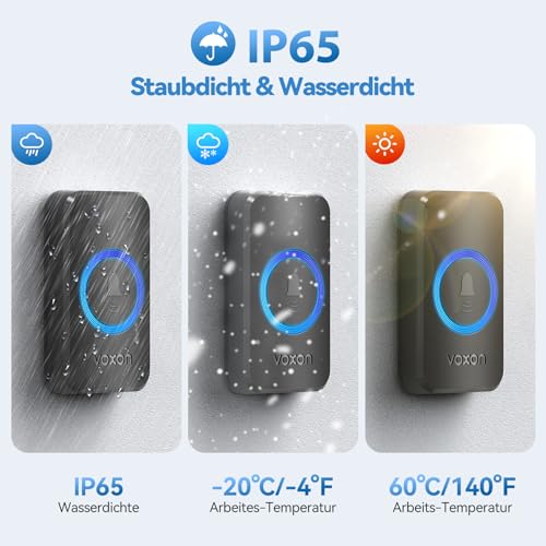 VOXON Funkklingel, 400m Reichweite Kabellose Türklingel Funk Set mit 2 Plug-In-Empfängern und 1 Sender, IP65 Wasserdicht Klingel Haustür für Außenbereich, 60 Melodien Doorbell, RGB-Licht(Schwarz)