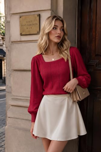 Image of HOTOUCH Sweaters for Women 2026 Fall Trendy Tops Casual Puff Sleeve Square Neck Cute Tunic Pullover Blouses XS-XXL