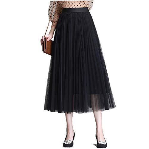 Nadalan Ladies Fashion Half-Length Mesh Skirt Long Pleated Skirt Black