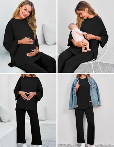Maternity Pajamas Sets 2 Piece Lounge Outfits Long Sleeve Shirts and Long Pregnancy Loungewear with Pockets Black L - Image 3