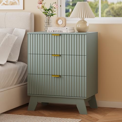 Image of Fluted Nightstand with 3 Large Drawers, Wooden Side End Table with Elevated Legs for Easy Cleaning, Sturdy Modern Beside Table for Small Space, Bedroom, Green, 24 inch L