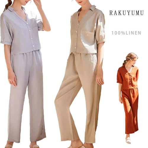 RAKUYUME Ensemble Pyjama Femme Été en Lin100% Naturel - V-Cœur Boutonné & Pantalon Élastique avec Poches -Léger Style Extérieur Chic 2 Pièces – vue 5