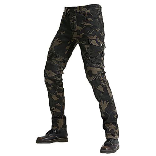 Jean de moto pour homme fabriqué en tissu Kevlar, pantalon de protection en denim respirant, doublé, renforcé, amovible et rembourré (camouflage, L)
