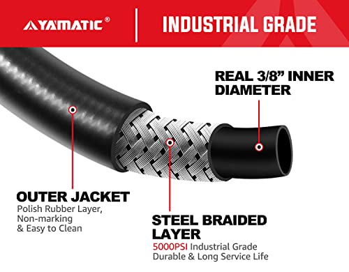 Yamatic 5000Psi Pressure Washer Hose 100Ft, 3/8" Non-Marking Rubber Gas Power Washer Replacement Hose Hot & Cold Water, Steel Wire Braided & Quick Connect, Compatible With Simpson, Champion, Craftsman #TOP2