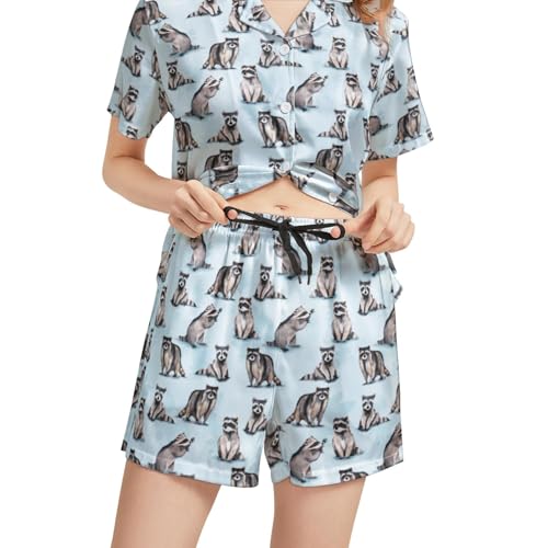 Image of Funny Satin Pajamas Set for Women Button Down Sleepwear Print Pjs Set 2 Piece Short Sleeve Loungewear Gift for Women