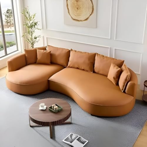 Image of Modern Curved White Sofa Couch with Plush Pillows - 4 Seater Upholstered Living Room Sofa | Contemporary Minimalist Design for Home, Office & Lounge.