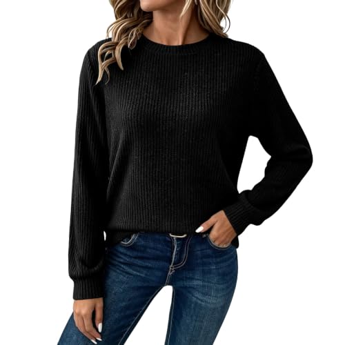 Long Sleeve Shirts for Women Ribbed Knit Loose Fit Crewneck Tops