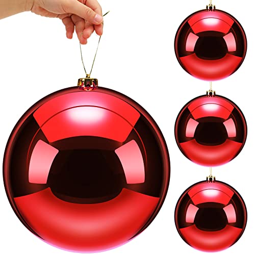 Zubebe 4 Pcs Extra Large Christmas Ball Ornaments 8'' (200 Mm) Giant Oversized Plastic Xmas Ball Big Hanging Christmas Tree Ornaments for Holiday Party Outdoor Decor(Shiny Red)