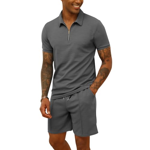 Mens 2 Piece Zip Tracksuit Short Sleeve Printed Polo Shirt and Shorts Pants Sets Summer Casual Outfits for Men