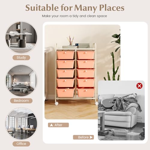 Image of LDAILY 10 Drawer Rolling Cart, Storage Cart Organizer on Wheels, Drawer Cart with Metal Frame & Large Storage Capacity, Rolling Cart with Drawers for Living Room Classroom, Office