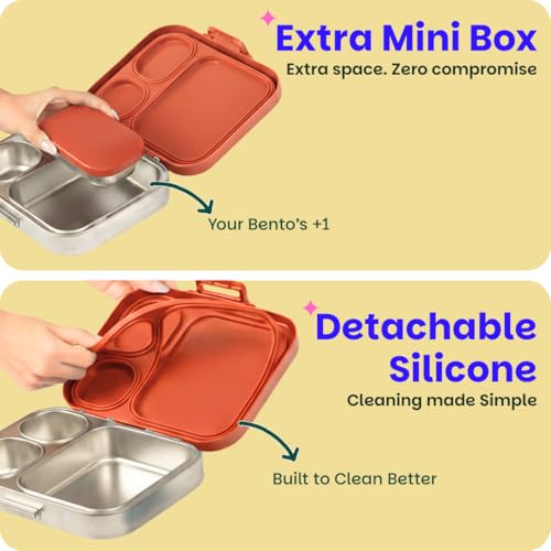 Image of Basil Bento Box Quad Plus - 4 Compartment Stainless Steel Lunch Box (1020ml) with BPA-Free Lid | Leak-Proof Tiffin for Kids & Adults | Premium Lunch Box for School, Office & Picnic - Jaipur Jaali