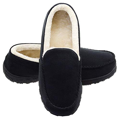 Mens Slippers Moccasin Plush Indoor/Outdoor Micro Suede Non-Skid House Shoes for Men Black 13 M US