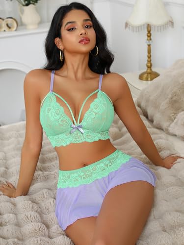 Image of CRIPOM Sexy Lingerie for Women Naughty 3 Piece Lace Bralette, Mini Skirt with G-String Crotchless Lingerie Outfits