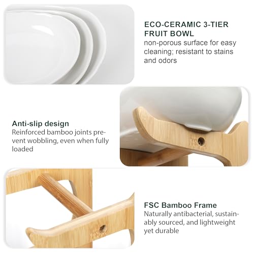 SEVEN SPARTA Tiered Fruit Basket Fruit Bowl for Kitchen Counter, Elegant Combo of Ceramic Bowls and Bamboo Rack, Big Capacity, Easy Install, Multi-Occasion for Kitchen, Party, Restaurant and Gift