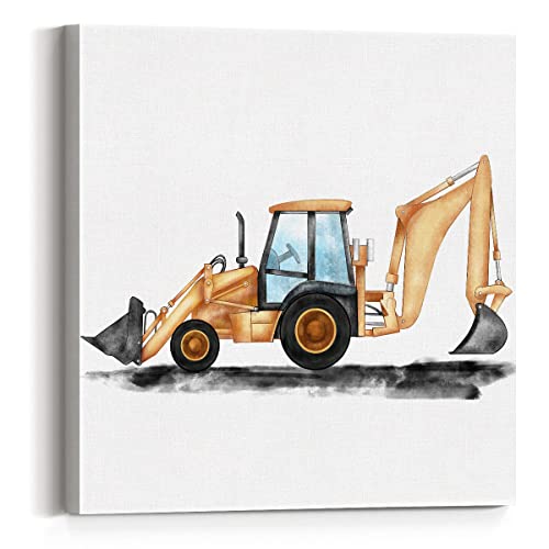 Watercolor Backhoe Nursery Print Construction Digger Paintings Canvas Wall Art 12X12 Construction Vehicle Poster Canvas Artwork Ready To Hang Home Playroom Boys Room Decor (Framed) #TOP30
