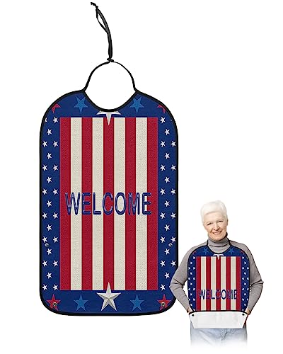 Kewadony Adult Bibs for Elderly Women - 4th of July Waterproof Dining Clothing Protectors with Crumb Catcher for Eating/Feeding, Welcome American Flag Red Striped Independence Day Terry Cloth Bib