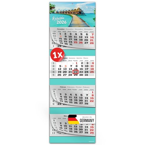 PRIMUS PRINT XXL Kalender 2026 - Mehrblock Wandkalender - 4-Monatskalender - mit Datum Schieber Kalender zum Aufhängen - inklusive Feiertagen & Ferien - verschiedene Motive - [ 1x Karibik ]
