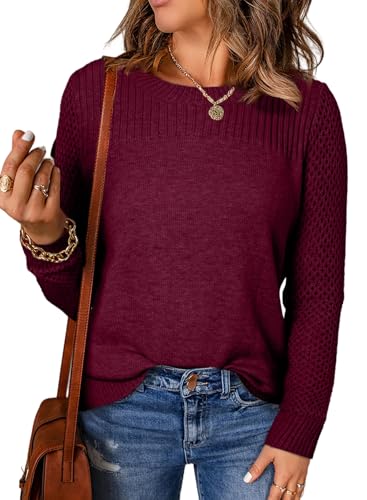 Image of EVALESS Womens Sweaters Casual Long Sleeve Crewneck Knit Lightweight Hollow Out Crochet Sweater Pullover Tops
