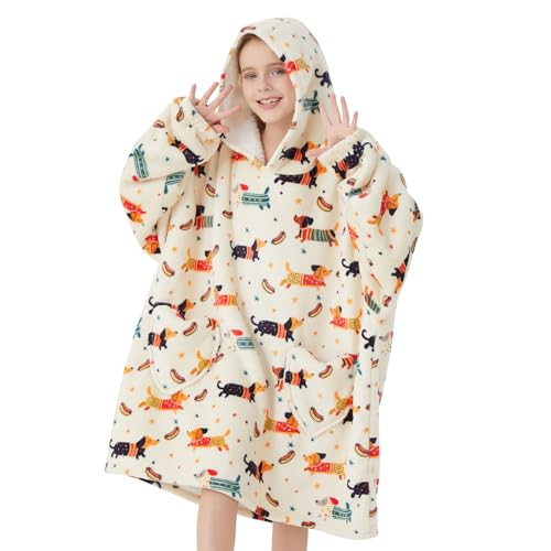 Wearable Blanket Hoodie for Kids Oversized Sherpa Blanket Hoodie for Kids Boys Girls Teens 6-13YR,Dachshund