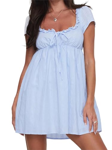 Image of Women Y2k Puff Sleeve Babydoll Dresses Square Neck Tie Back Mini Dress Summer Solid Off Shoulder Flowy Sundress