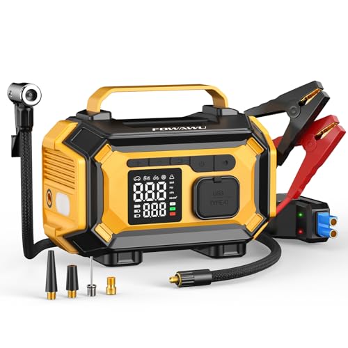 FOWAWU Arrancador de Baterias de Coche con Compresor de Aire 9 en 1, Arrancador de Baterias de Coche 8000A (hasta All Gasolina/10 L Diesel), Compresor Aire Coche 150psi Parada Automática