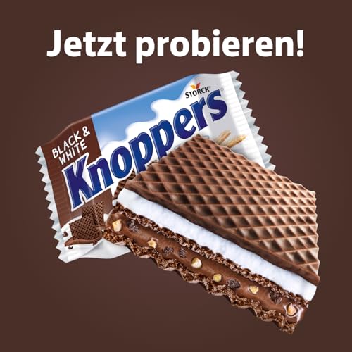 Knoppers Black and White – 8 x 25 g – Gefüllte Waffelschnitten mit dunklen Kakaowaffeln, dunklen Gebäckstückchen, Milch- und Nougatcreme