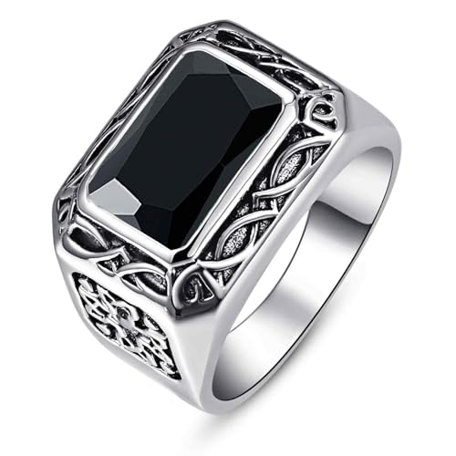 Yaresul Onyx Rings for Men Stainless Steel Mens Signet Ring Celtic Gemstone Mens Pinky Ring Vintage Wedding Band Gift for Husband, Father, Grandpa Size 10
