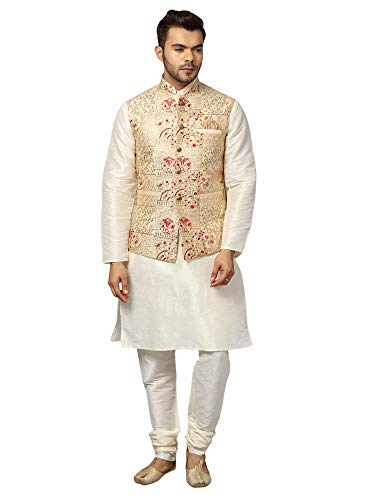 Image of Uri and MacKenzie Men's Silk Blend Regular Kurta Churidar Pyjama with Bundi Nehru Jacket /Waistcoat