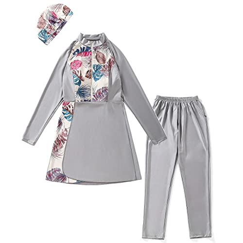 Modest Swimwear For Women, Teens Girls Islamic Arabic Burkini Full Cover Hijab Top Pants Swimming Cap Full Coverage Long Sleeves Bathing Suits Skirted Swim Capris ​Clothes Set Gray & Floral Xl #TOP5