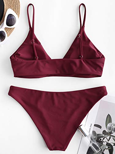 Zaful Women's Solid Spaghetti Strap Bralette Bikini Set Two Piece Swimsuit (1-Wine Red, M) #TOP2