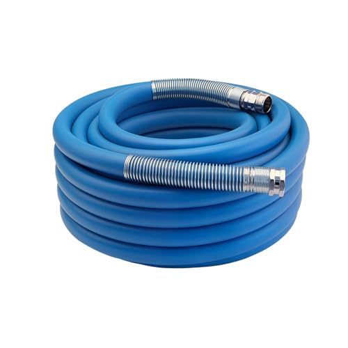 Image of Guitrees 2026 Upgraded Garden Hose 50FT x 5 /8 inch, Heavy Duty Rubber Water Hose with Five Layered Braiding, Swivel male and female Nickel-plated Brass Fittings, 1000PSI Burst, 300PSI Working (Blue)
