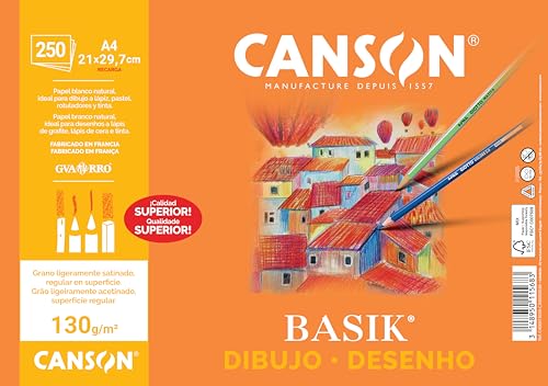 Canson Dibujo Basik, Papel de dibujo blanco, Grano fino, 130gsm, Hoja,...