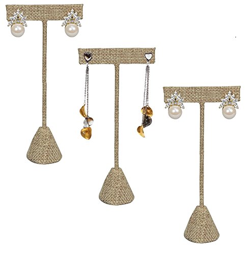 N'ice Packaging - 3 Qty Burlap Canvas 4.75" High Free-Standing Earring T-Stand Display, T Shape Holder for Tradeshow, Home Business, Promotion, or just for Home
